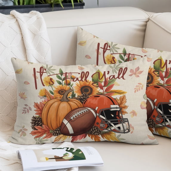 Pumpkin Football Fall Pillow Covers Queen, Thanksgiving Sunflower Maple Beige Soft Brushed Microfiber Breathable Throw Pillow Covers, Decorative Pillowcase with Zipper for Couch Sofa Bedroom 20"x30"