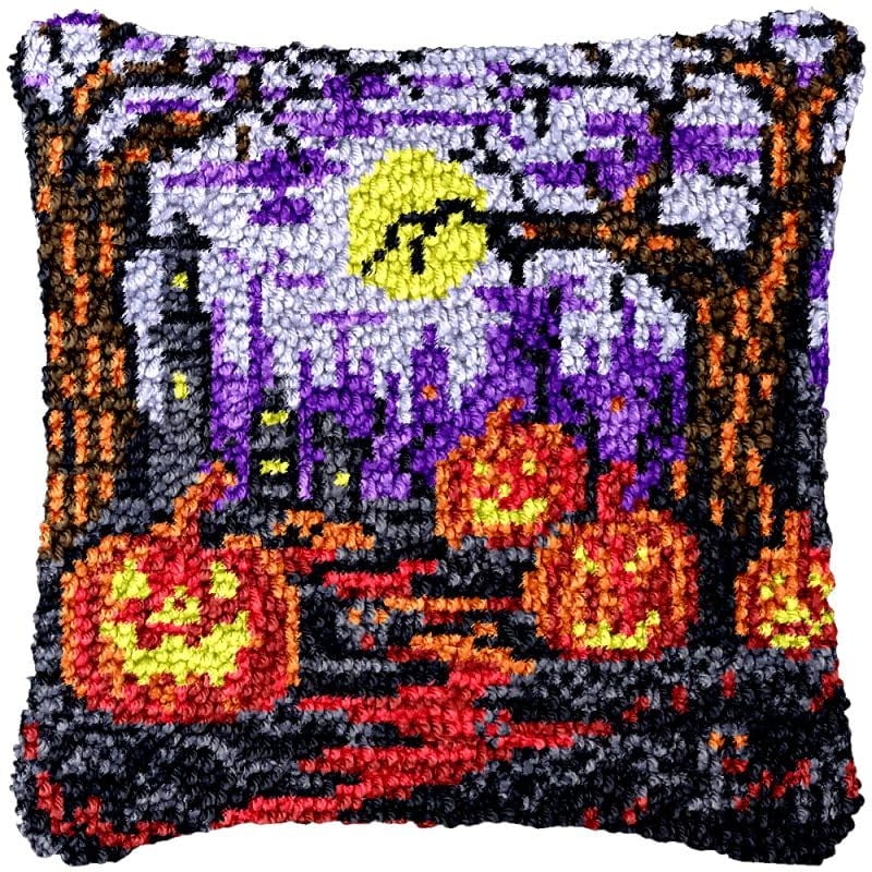 Pumpkin Forest Latch Hook Pillow Cover Kits for DIY Handmade Throw Pillow Cross Stitch Latch Hook Pillowcase Rug Cushion Kits with Preprinted Canvas Crochet Yarn Kits Needlework 17'' X 17''