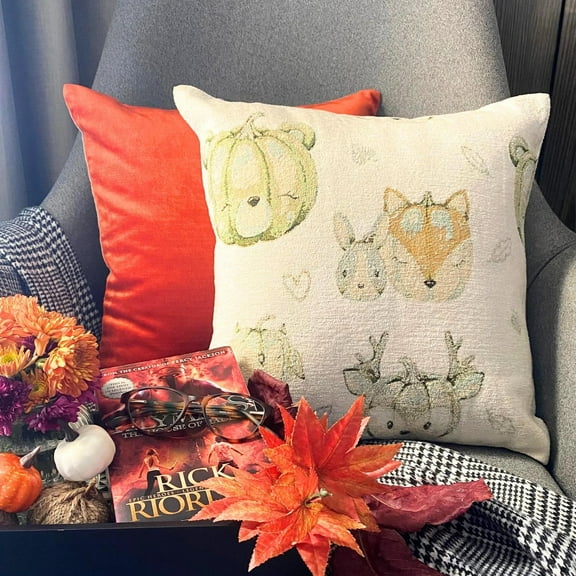 Green Woven Jacquard Home decor Throw Pillow Cover 16"x16" (40x40 cm) Jacquard Pumpkin Fox, Pumpkin Pillow cover, Floral Contemporary Style - Pumpkin Fox