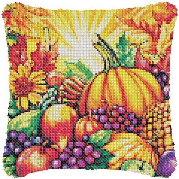 Pumpkin & Fruits Cross-Stitch Pillow DIY Kit Fully Openable Zipper Design Pillowcase 11CT Counted Needlepoint Handmade Cushion Pre-Printed Pattern Eco-friendly Cotton and Linen 45x45cm
