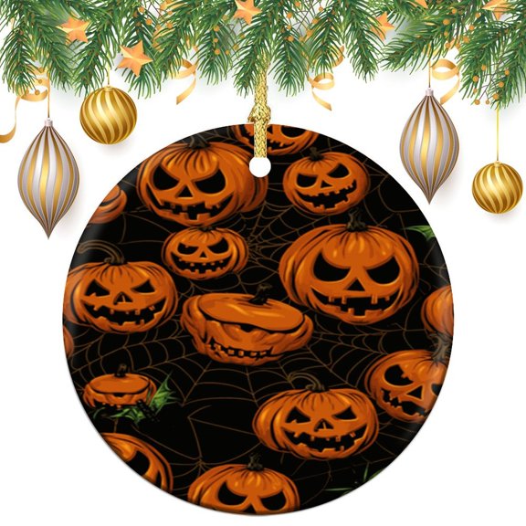 Pumpkin Funny Ghost Spooky Spider Webs Skull Bats Ornament Rustic Halloween Ceramic Double Sided Tree Xmas Ornament Holiday Ornament for Home Christmas Tree Decor Xmas Gift