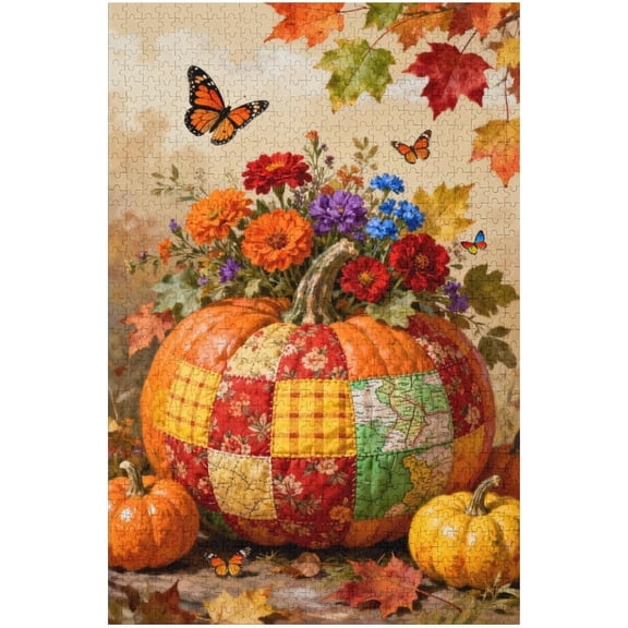 Pumpkin Garden 1000 Piece Puzzle for Adults, Autumn Fabric Patchwork Quilt Artwork, Fun and Relaxing Family Game, Challenging Jigsaw Puzzle, Vintage Fall Home Decor Gift for Women, Teens, Seniors