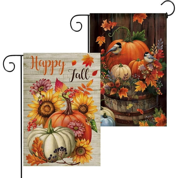Pumpkin Garden Flag, 2 Pack Welcome Fall Garden Flags 12x18 Double Sided for Outside, Small Yard Burlap Flag Vertical Rustic Porch Lawn Mini Decorations Outdoor