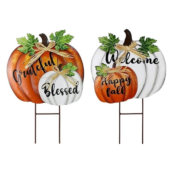 Pumpkin Garden Stake Fall Decor - Stacked Metal Yard Art, 18-18.5"H Autumn Thanksgiving Outdoor Decoration