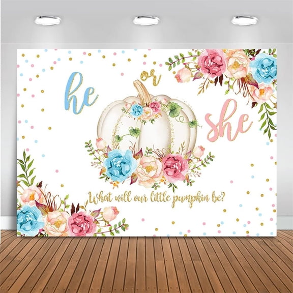 Pumpkin Gender Reveal Backdrop Fall Pumpkin Pink and Blue Baby Shower Photography Background She or He What Will Our Little Pumpkin Be Gender Reveal Party Decorations Banner Photo Booth Props