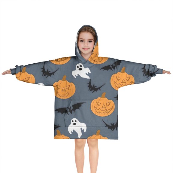 Pumpkin Ghost Bat Halloween Pattern Blanket Hoodies for Kids 6-13YR Oversize Wearable Blanket Hoodies for Boys Girls Teens