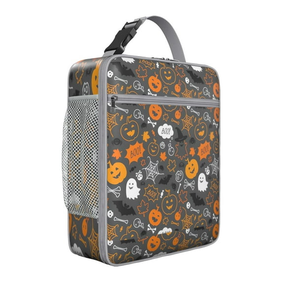 Pumpkin Ghost Bat Lunch Box - Halloween Insulated Reusable Bag, Leakproof Compact Cooler Tote with Pockets for Costume Events & School Activities