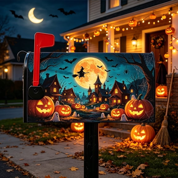 Pumpkin Ghost Decor, Waterproof Mailbox Cover, Halloween themed mailbox wrap with witch, owl and grave patterns, durable decor for front yard and porch