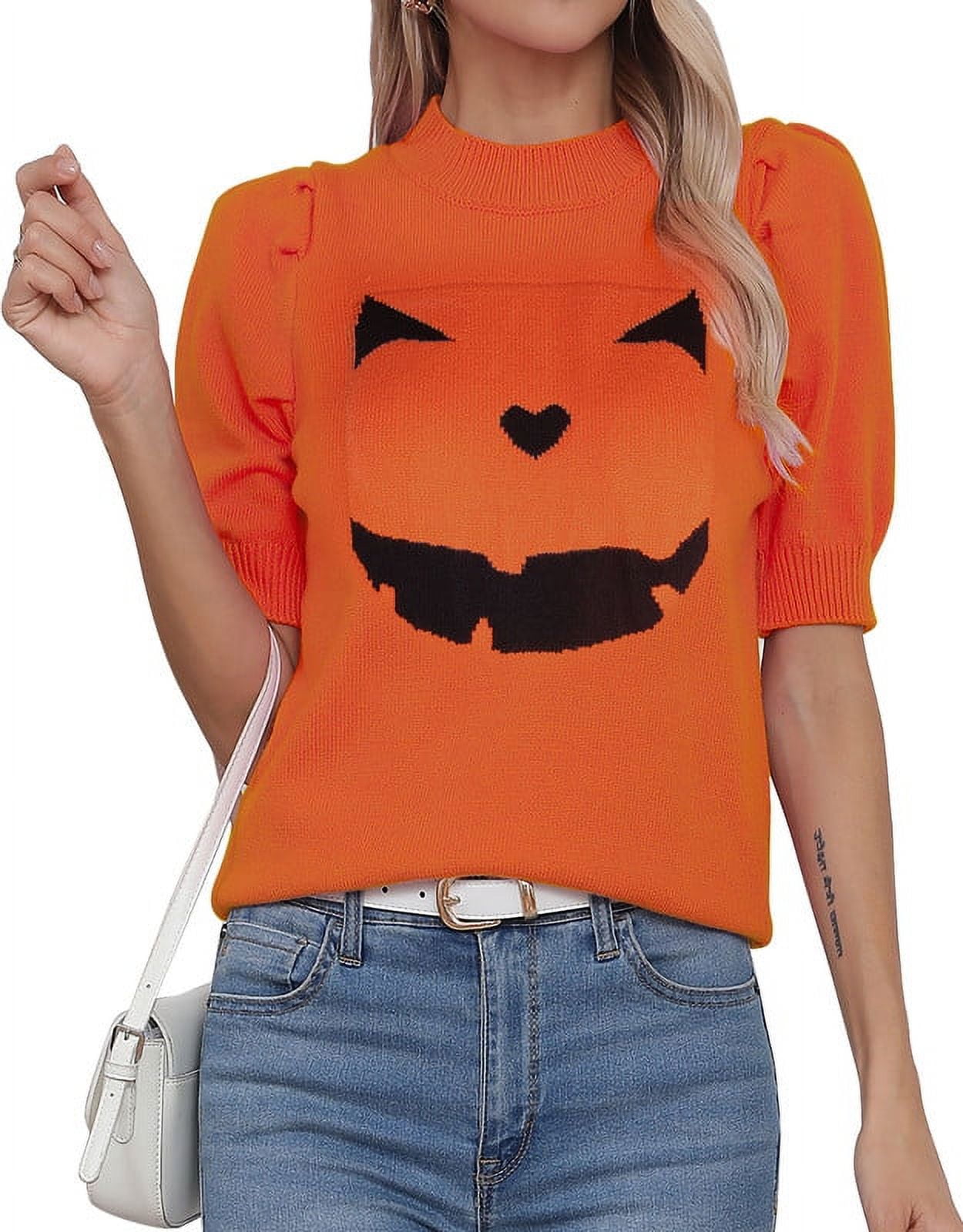 Pumpkin Ghost Face Graphic Sweaters for Women Halloween Day Crew Neck ...