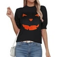 thumbnail image 1 of Pumpkin Ghost Face Graphic Sweaters for Women Halloween Day Crew Neck Pullover Sweater Cute Puff Short Sleeve Juniors Girls Sweater Blouse Shermie, 1 of 6