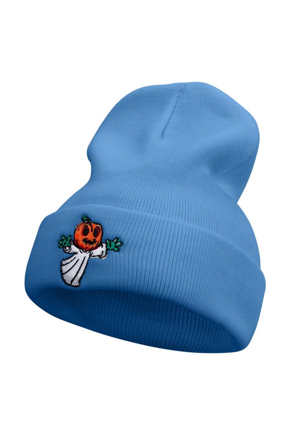 Pumpkin Ghost Flying Embroidered 12 Inch Long Knitted Beanie - Sky Blue OSFM