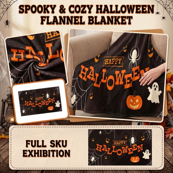 Pumpkin Ghost Halloween Blanket, Happy Halloween Printed Flannel Throw – All Season Soft Plush Blanket for Home Halloween Decor Gift S