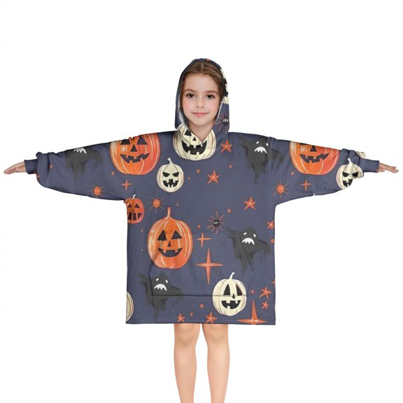 Pumpkin Ghost Halloween Pattern Blanket Hoodies for Kids 6-13YR Oversize Wearable Blanket Hoodies for Boys Girls Teens