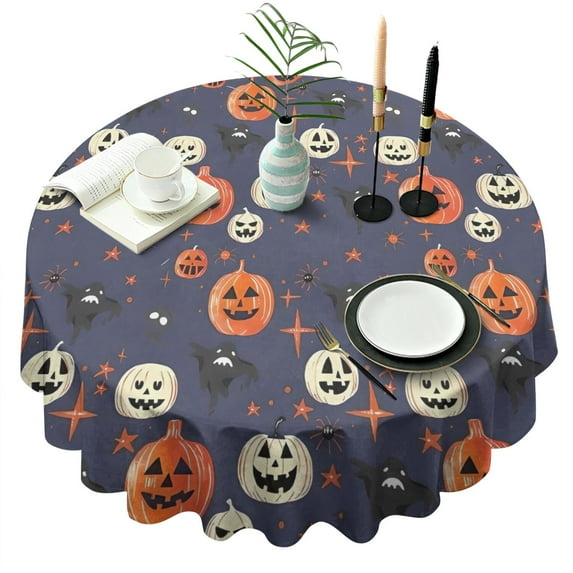 Pumpkin Ghost Halloween Pattern Round Tablecloth 60"x60",Wrinkle Wipeable Table Cloth for Kitchen Dining Room Picnic Patio Party