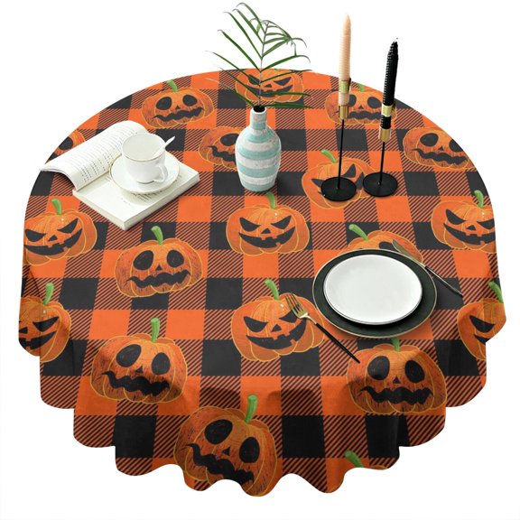 Pumpkin Ghost Illustration Tablecloth 60 Inch Round - Halloween Waterproof Washable Cute Design