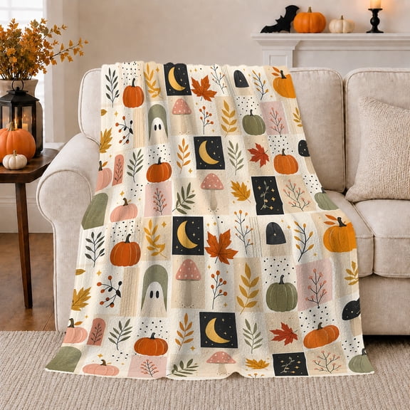 Pumpkin Ghost Mushroom Grid With Crescent Moons, Cozy Whimsical Style for Halloween Pattern Fans, Autumn Block Theme and Halloween Gift, Warm Flannel Blanket for Bedroom Living Room, Home Decor