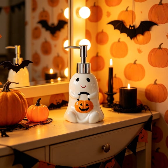 Pumpkin Ghost Pattern Ceramic Dispenser Bottle, Halloween Refillable Body Wash Lotion Container, Spooky Stylish Decor for Kitchen Bathroom Indoor Festival Layout, 6.61*3.70 in