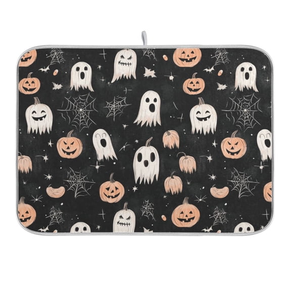 Pumpkin Ghost Spiderweb Dish Drying Mat 16x18 Absorbent Microfiber Draining Rack Pad for Kitchen Counter Sink
