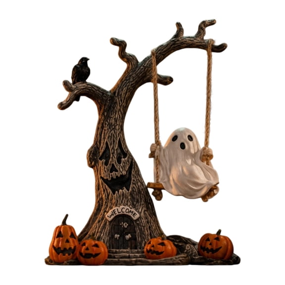 Pumpkin Ghost Tree Figurine, Halloween Tabletop Decor, Spooky Tree Statue, Combined Ornament for Home Indoor Holiday Party Layout