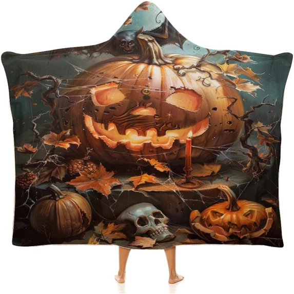 Pumpkin Gifts for Women on Halloween, Wearable Blanket for Adults, Flannel Hooded Blankets