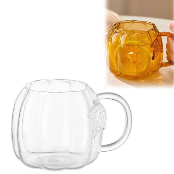 Pumpkin Glass Cup, 18.6 Oz Hand Blown Glass Pumpkin Mug with Handle Halloween Pumpkin Mug for Coffee, Tea, Fall Decor and Gifts, Clear