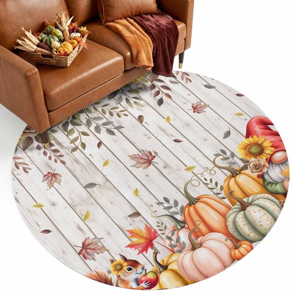 Pumpkin Gnome 3.3' Round Washable Rugs for Bedside Reading Corner, Squirrel Sunflower Maple Leaf White Wood Stain Proof Non Slip Circle Area Rug for Entryway Front door