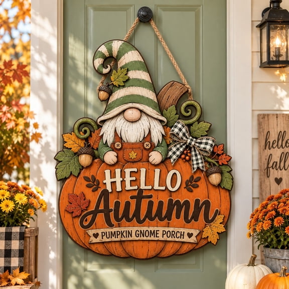 Pumpkin Gnome Autumn Wooden Door Sign for Fall Front Porch Decor