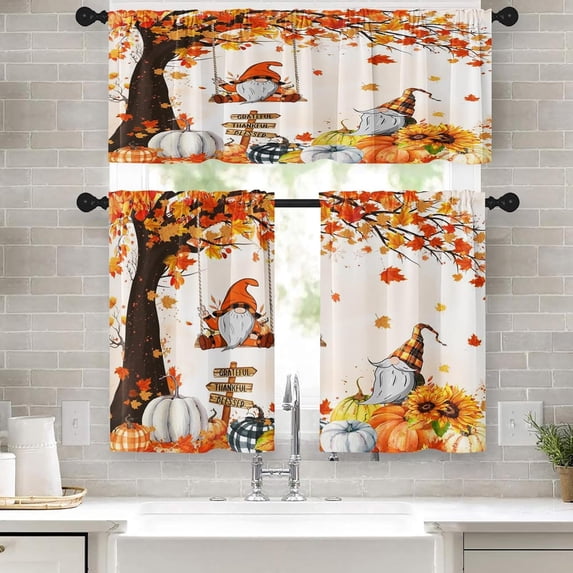 Pumpkin Gnome Kitchen Curtains Fall Window Curtains Valance and Tier Set 36 Inch, Autumn Maple Tree Leaves Rod Pocket Short Tier Curtain for Room, Thanksgiving Small Cafe Kitchen Decor