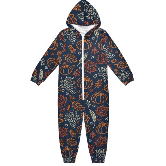 Pumpkin Grape Leaves Boys & Girls Hooded One-Piece Pajamas Warm Crystal velvet Hooded Long Sleeve Loungewear Jumpsuit Unisex