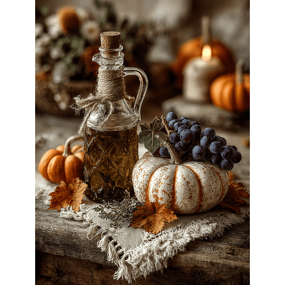 Pumpkin Grape Olive Oil Canvas Print, Rustic Fall Halloween Art, Farmhouse Seasonal Kitchen Wall Decor