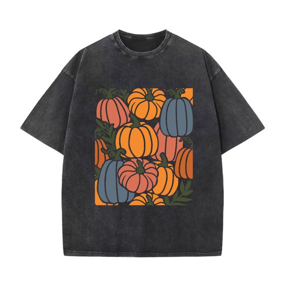 Pumpkin Graphic Tee T-Shirt Retro Cotton Top Washed Design Fashion Casual Short Sleeve Crew Neck Black S-2XL Plus Size