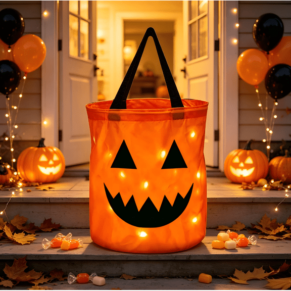 Pumpkin Halloween Bags with LED, Fabric Trick or Treat Bags with Handle, Reusable Halloween Decor Party Bucket for All Ages, 10 × 11.8 in