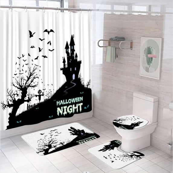 Pumpkin Halloween Bat Witch Shower Curtain Set Full Moon Night Bathroom Curtains Non-Slip Bath Mat Pedestal Rug Lid Toilet Cover