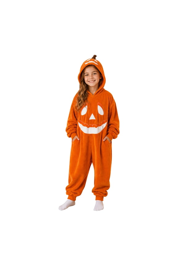 Pumpkin Halloween Cosplay Costume,Halloween Pumpkin Cosplay Costume Onesie,Fuzzy Jack O' Lantern Plush Cosplay Outfit with Hooded Pumpkin Stem, Fall Halloween Cosplay Jumpsuit for Party Role Play-110