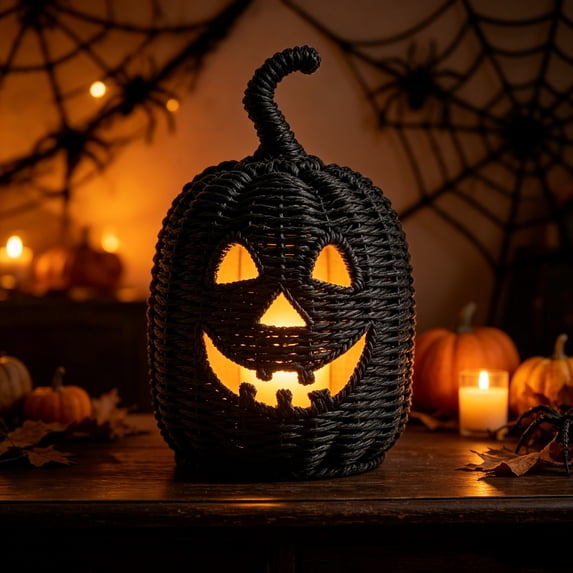 Pumpkin Halloween Decorations, Woven Rattan Pumpkin Lantern, Jack-O-Lantern Candle Holder with Witch Hat Lid for Home Office Haunt House Halloween Party Table Decoration