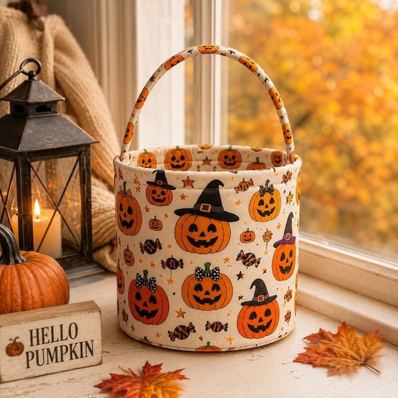 Pumpkin Halloween Fabric Treat Basket, Candy and Gift Holder with Handle, Trick or Treat Party Decor and Seasonal Gift