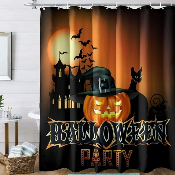 Pumpkin Halloween Ghost No Hook Shower Curtain with Snap in Liner,Evil Boo Gothic Spider Spooky Bath Curtain with Double Layers Waterproof Fabric and Mesh Top Window