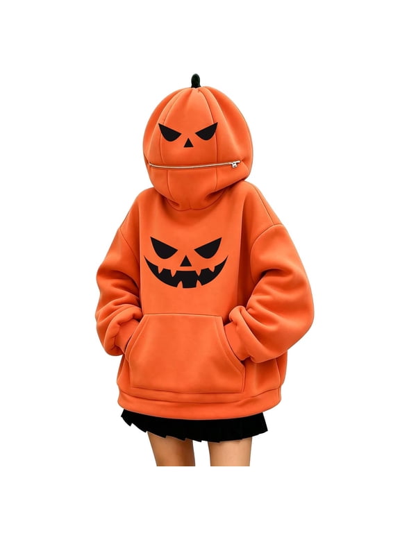 Pumpkin Halloween Hoodie Women Funny-Spooky Oversized Sweatshirt Large Zip-Hood Front Pocket Graphic Pullover, Orange L