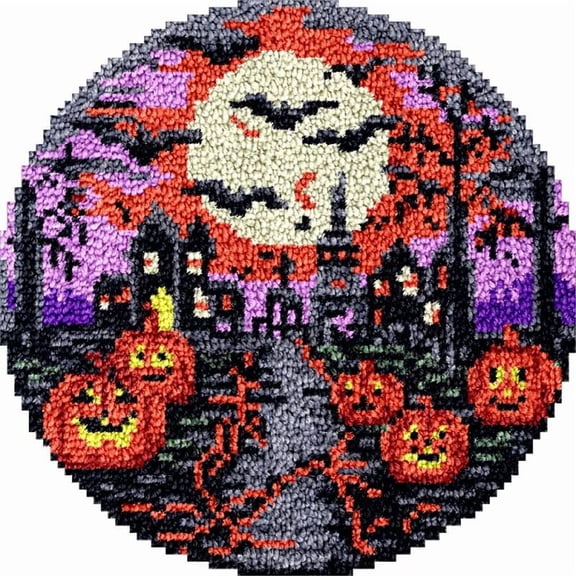 Pumpkin Halloween Latch Hook Kits Carpet DIY Rug Crochet Hook Cushion Making Kits with Preprinted Pattern Canvas Instruction Yarns and Latch Hooking Pillow Cover Easy to Starter DIY Kits 50x50cm