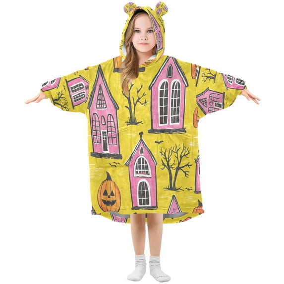 Pumpkin Halloween Pattern Design Wearable Blankets Hoodie Oversize Sherpa Wearable Soft Blanket Warm Cozy 3-14 Age