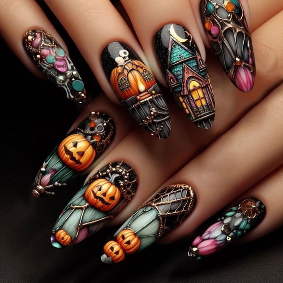 Pumpkin Halloween Press On Nails Medium Spider Web European Style Nail Tips