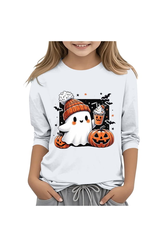 Pumpkin Halloween Shirts for Teen Girls Funny Ghos𝐭 Graphic Crewneck Cotton 3/4 Sleeve Tees Kids Cute Holiday P𝐚rty Clothes