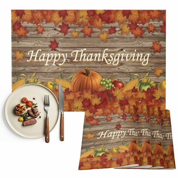 Pumpkin Happy Thanksgiving Placemats Set of 4 Fall Maple Leaf Brown Wood Heat Insulated Linen Place Mats, Washable Stain-Proof Table Mats for Dining Tables Holiday Decor 13x19inch