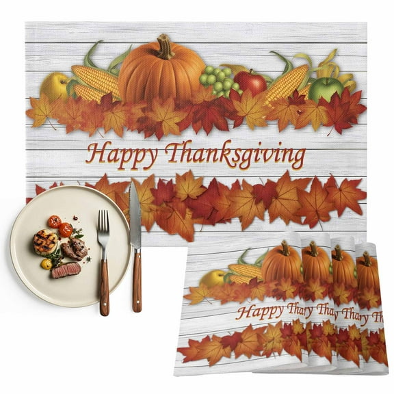 Pumpkin Happy Thanksgiving Placemats Set of 4 Maple Leaf FallWhite Wood Heat Insulated Linen Place Mats, Washable Stain-Proof Table Mats for Dining Tables Holiday Decor 13x19inch