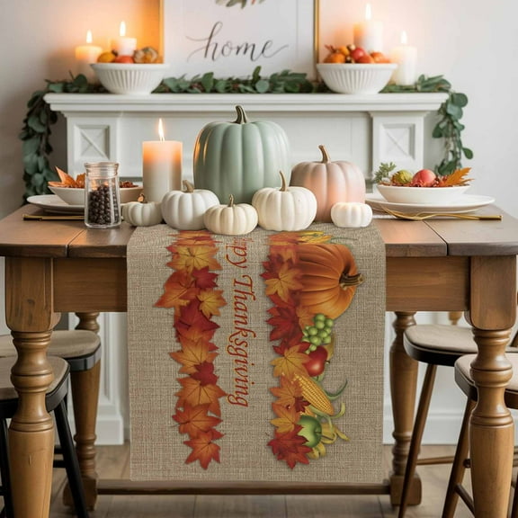 Pumpkin Happy Thanksgiving Table Runner, Autumn Thanksgiving Kitchen Dining Table Decoration for Home Party Decor 13x36 Inches
