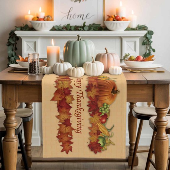 Pumpkin Happy Thanksgiving Table Runner, Autumn Thanksgiving Kitchen Dining Table Decoration for Home Party Decor 13x48 Inches