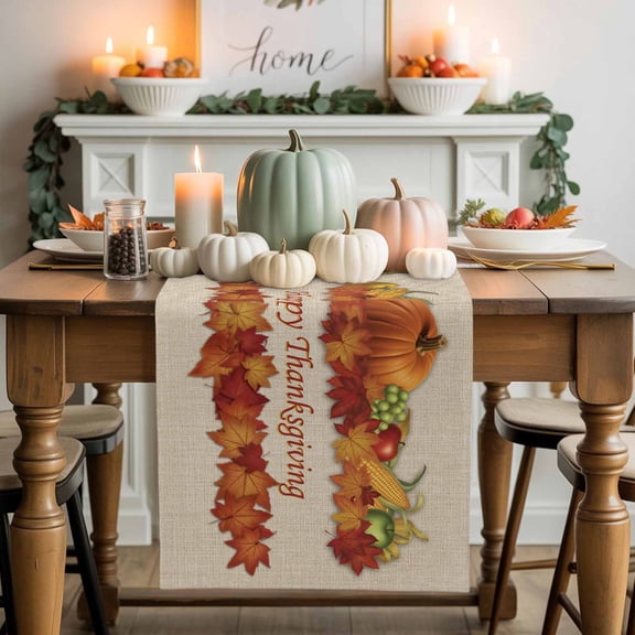 Pumpkin Happy Thanksgiving Table Runner, Autumn Thanksgiving Kitchen Dining Table Decoration for Home Party Decor 13x72 Inches