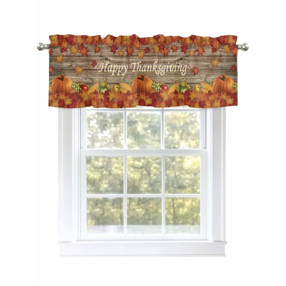 Pumpkin Happy Thanksgiving Valances for Windows Fall Maple Leaf Brown Wood Kitchen Valance Curtain Rod Pocket Small Curtains for Cafe Bathroom Laundry Basement 60" x 18"