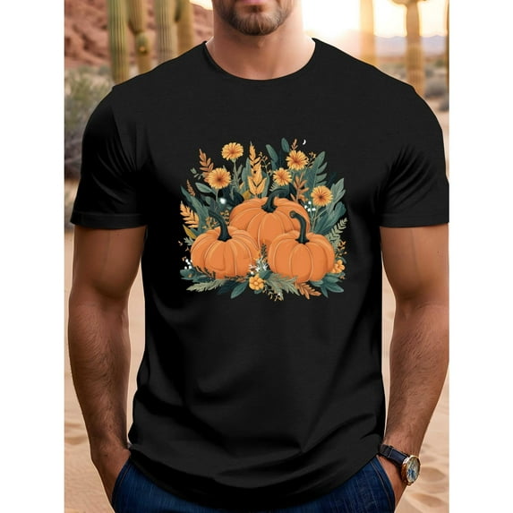 Pumpkin Harvest Autumn Floral Print T Shirt Fall Graphic Tees Farm Visit Tops Cotton Comfort Fit Black S-5XL