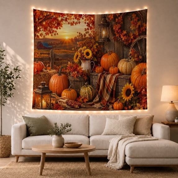 Pumpkin Harvest Beside a Red Barn, Cozy Rustic for Fall Decor Lovers, Harvest Wall Art, Thanksgiving Hostess Gift, Tapestry Wall Hanging for Kitchen and Dining Room